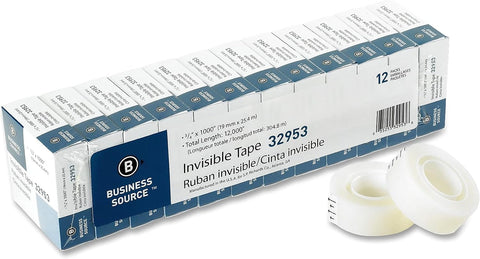Business Source 32953 Invisible Tape Value Pk, 1-Inch Core, 3/4-Inch x1000-Inch , 12/PK, Clear