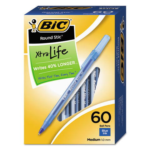 BIC Round Stic Xtra Life Ballpoint Pen Value Pack, Stick, Medium 1 mm, Blue Ink, Translucent Blue Barrel, 60/Box (Pack)