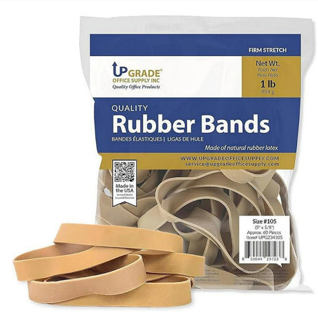 Upgrade Office Supply UPG234105 Rubber Bands, Size #105 (5" x 5/8"), 1 lb. Bag, Approx. 60 Bands, Natural Crepe, Made in USA (Pack)