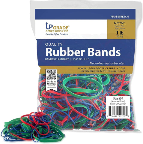 Upgrade Office Supply Rubber Bands, Size #54 (Assorted Sizes), 1 lb. Bag, Red, Blue, and Green, Made in USA (Pack) UPG23454