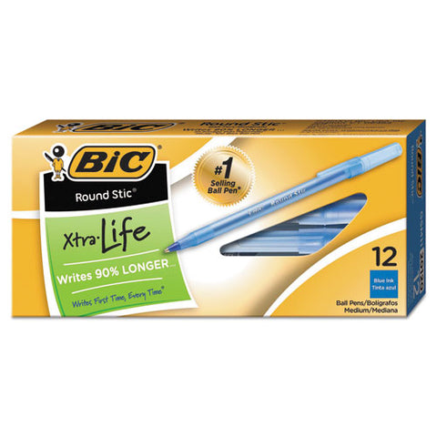 BIC Round Stic Xtra Life Ballpoint Pen, Stick, Medium 1 mm, Blue Ink, Translucent Blue Barrel, Dozen (Pack)