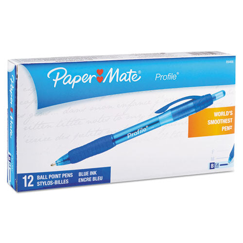 Paper Mate® Profile Ballpoint Pen, Retractable, Bold 1.4 mm, Blue Ink, Translucent Blue Barrel, Dozen (Pack)
