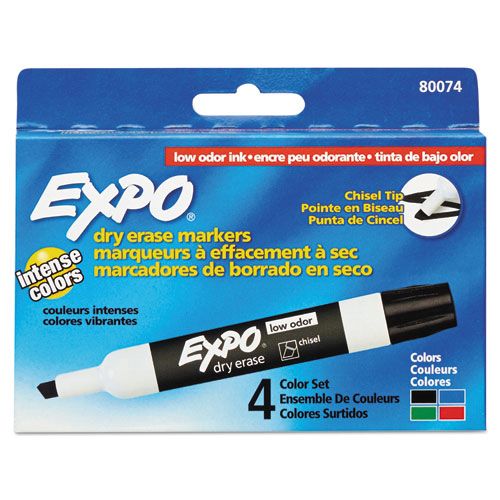 Expo® Low-Odor Dry-Erase Marker, Broad Chisel Tip, Assorted Colors, 4/Set (Pack)