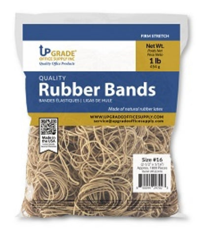 Upgrade Office Supply UPG22416 Rubber Bands, Size #16 (2-1/2" x 1/16"), 1 lb. Bag, Approx. 1800 Bands, Natural Crepe, Made in USA (Pack)
