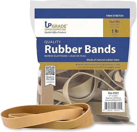 Upgrade Office Supply UPG234107 Rubber Bands, Size #107 (7" x 5/8"), 1 lb. Bag, Approx. 40 Bands, Natural Crepe, Made in USA (Pack)