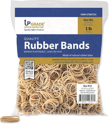 Upgrade Office Supply Rubber Bands, Size #12 (1-3/4" x 1/16"), 1 lb. Bag, Approx. 2500 Bands, Natural Crepe, Made in USA (Pack) UPG23412
