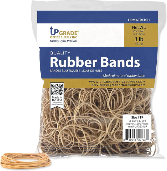Upgrade Office Supply UPG23419 Rubber Bands, Size #19 (3-1/2" x 1/16"), 1 lb. Bag, Approx. 1250 Bands, Natural Crepe, Made in USA (Pack)